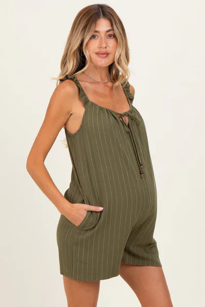 PinkBlush Olive Stripe Front Tie Linen Blend Maternity Romper