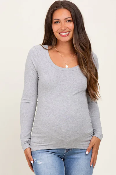 PinkBlush Heather Grey Ribbed Ruched Maternity Long Sleeve Top