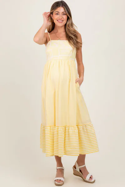 PinkBlush Yellow Embroidered Striped Colorblock Maternity Midi Dress
