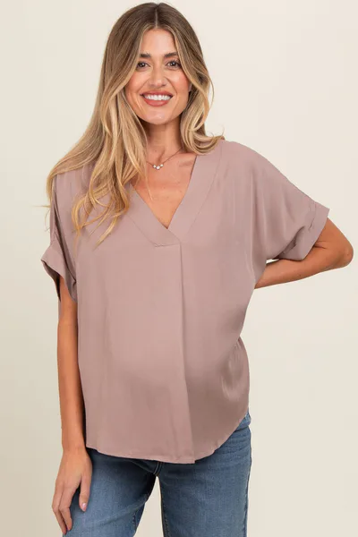 PinkBlush Mocha V-Neck Pin-Tuck Detail Maternity Top