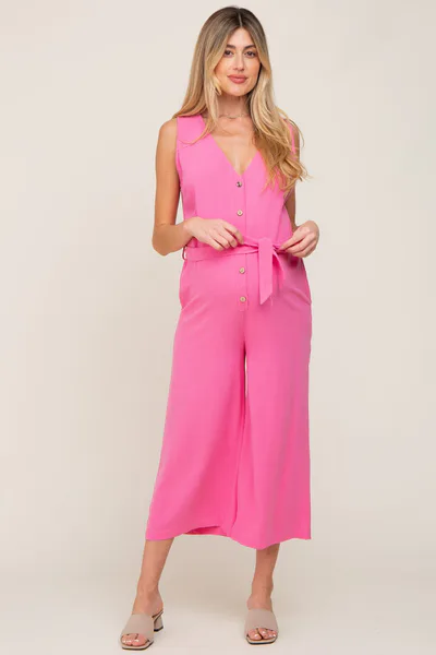 PinkBlush Pink Sleeveless Button Front Maternity Cropped Jumpsuit