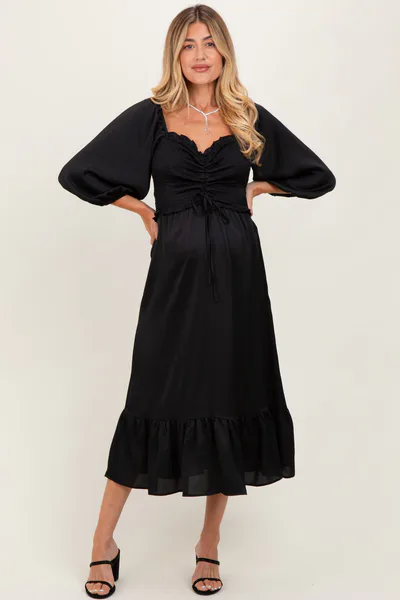 PinkBlush Black Satin Smocked Cinched Bust Maternity Midi Dress