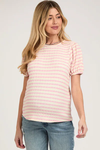 PinkBlush Light Pink Striped Textured Puff Sleeve Maternity Top
