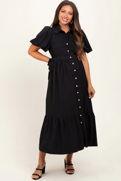 PinkBlush Black Puff Sleeve Side Tie Maternity Midi Shirt Dress