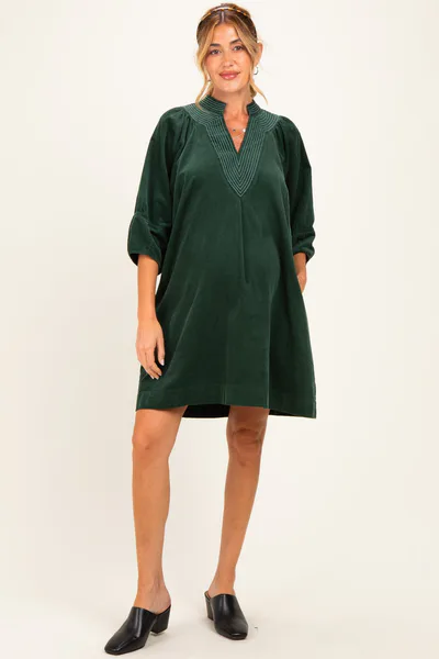 PinkBlush Forest Green Corduroy Contrast Stitched Maternity Dress