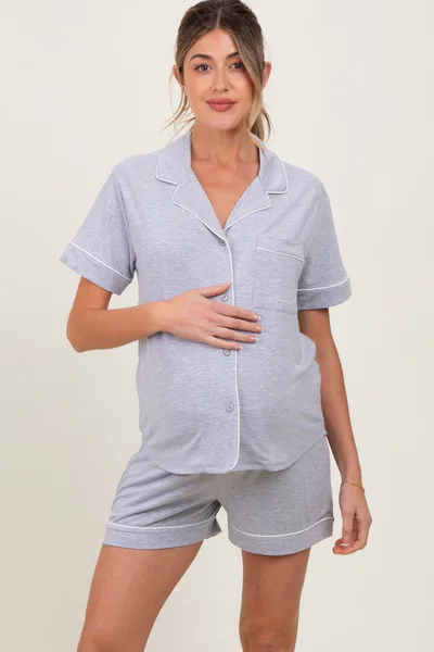 PinkBlush Heather Grey Short Sleeve Button Down Shirt Shorts Maternity Set