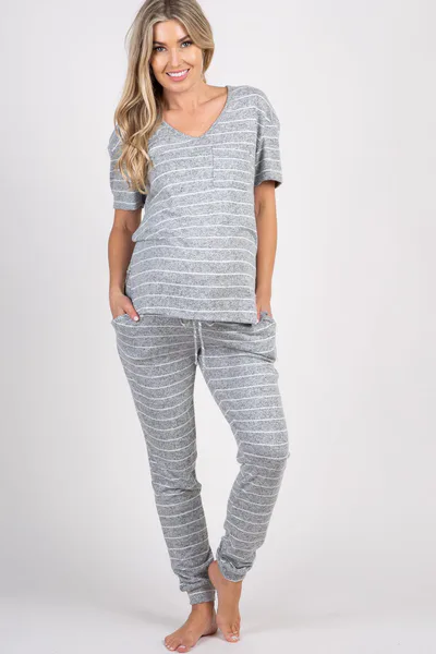 PinkBlush PinkBlush Heather Grey Striped Pocket Front Maternity Pajama Set