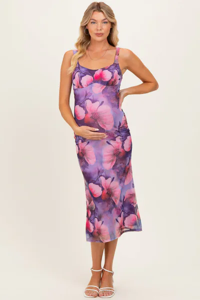 PinkBlush Lavender Mesh Floral Sleeveless Maternity Midi Dress