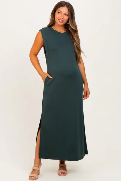PinkBlush Forest Green Sleeveless Side Slit Maternity Midi Dress