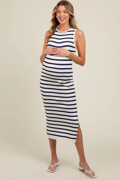 PinkBlush White Navy Striped Knit Sleeveless Side Slit Maternity Midi Dress
