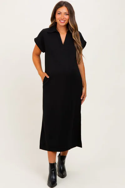 PinkBlush Black Collared Short Sleeve Maternity Midi Dress