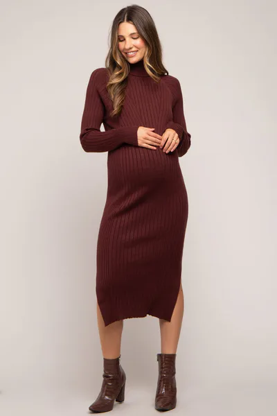 PinkBlush Brown Long Sleeve Turtleneck Maternity Sweater Dress