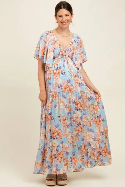 PinkBlush Light Blue Floral Flyway Sleeve V-Neck Tiered Maternity Maxi Dress