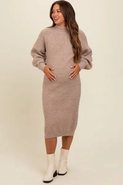 PinkBlush Beige Mock Neck Bubble Sleeve Maternity Midi Sweater Dress