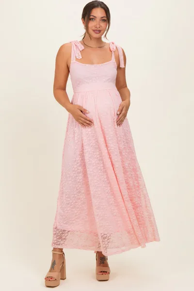PinkBlush Light Pink Sleeveless Lace Maternity Maxi Dress