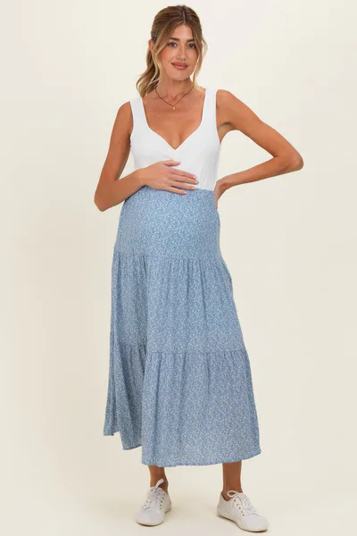 PinkBlush Blue Floral Maternity Maxi Skirt