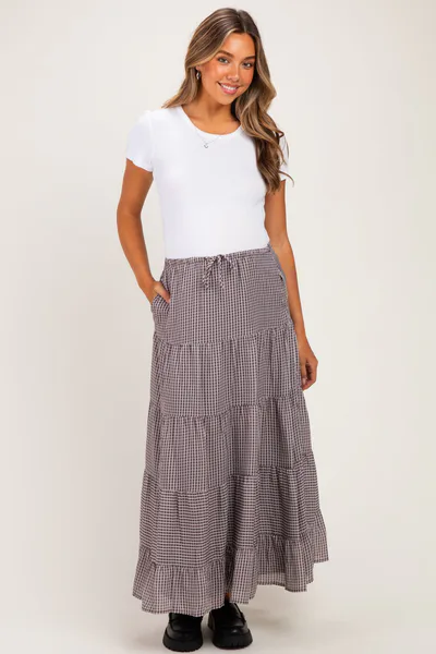 PinkBlush Brown Plaid Drawstring Tiered Maternity Midi Skirt