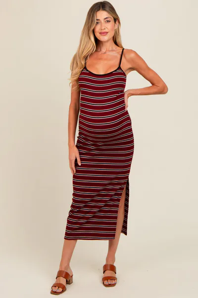 PinkBlush Burgundy Striped Ribbed Side Slit Maternity Midi Dress