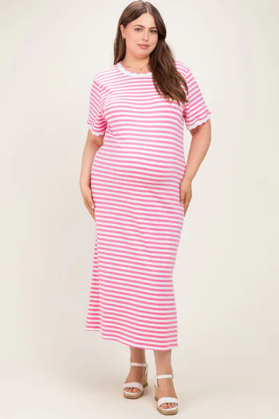 PinkBlush Pink Striped Scallop Trim Short Sleeve Maternity Plus Maxi Dress