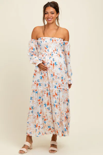 PinkBlush Ivory Floral Off Shoulder Long Sleeve Maternity Maxi Dress