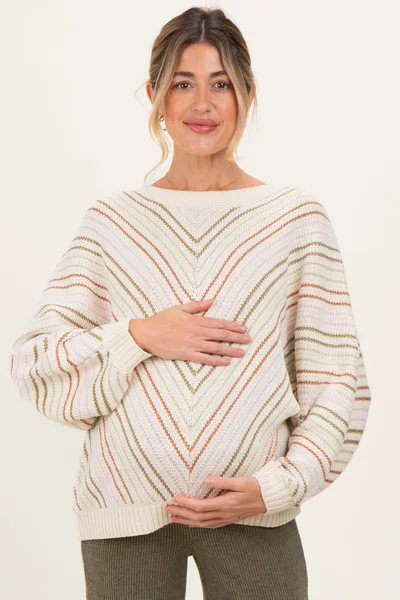 PinkBlush Beige Multi Crew Neck Striped Long Sleeve Maternity Sweater