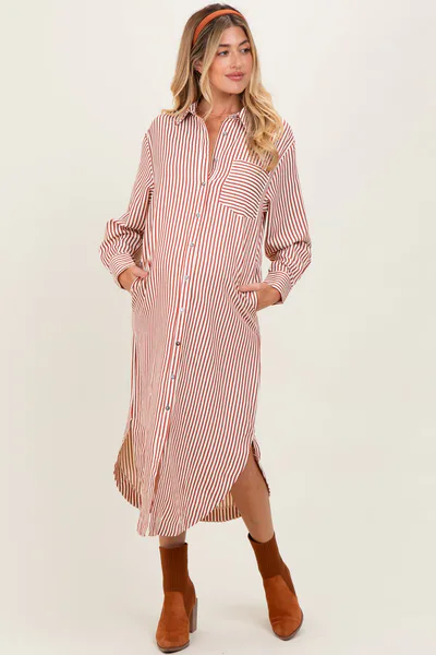 PinkBlush Rust Textured Stripe Button Down Maternity Shirt Dress