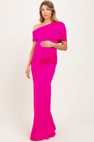 PinkBlush Pink Off Shoulder Foldover Ruched Maternity Maxi Dress