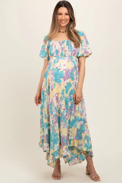 PinkBlush Teal Floral Puff Sleeve Handkerchief Hem Maternity Maxi Dress