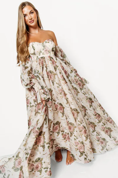Worth Collective Delilah Maxi Dress with Train in Rose - Bump Friendly