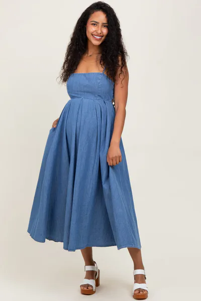 PinkBlush Denim Open Tied Back A-Line Maternity Midi Dress