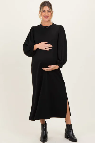 PinkBlush Black Side Slit Detail Solid Maternity Midi Dress