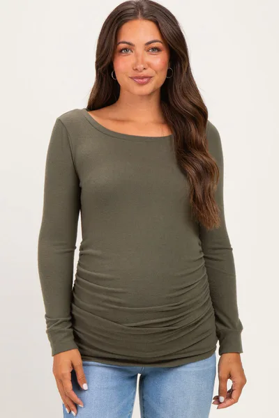 PinkBlush Olive Soft Knit Ruched Maternity Top