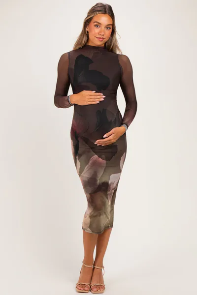 PinkBlush Olive Large Floral Print Mesh Long Sleeve Maternity Midi Dress