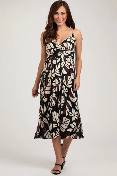 PinkBlush Black Palm Print Front Knot Twist Maternity Dress
