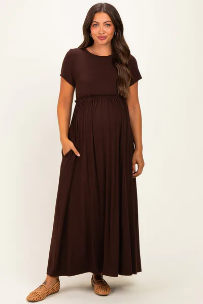 PinkBlush Brown Ruffle Trim Maternity Maxi Dress