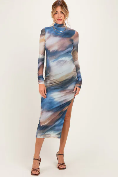 PinkBlush Multicolor Mesh Printed Mock Neck Long Sleeve Maternity Dress