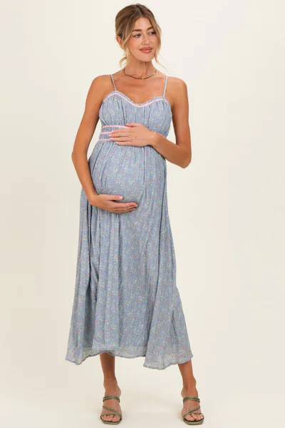 PinkBlush Light Blue Floral Contrast Trim Sleeveless Maternity Maxi Dress