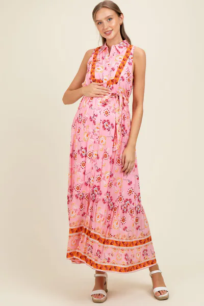 PinkBlush Pink Border Print Collared Button Down Maternity Maxi Dress