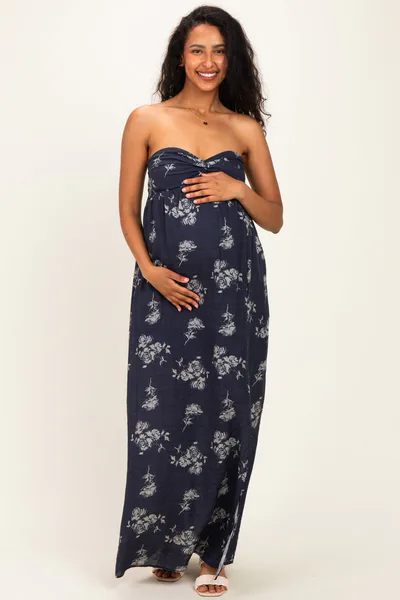 PinkBlush Dark Blue Floral Strapless Cutout Maternity Maxi Dress