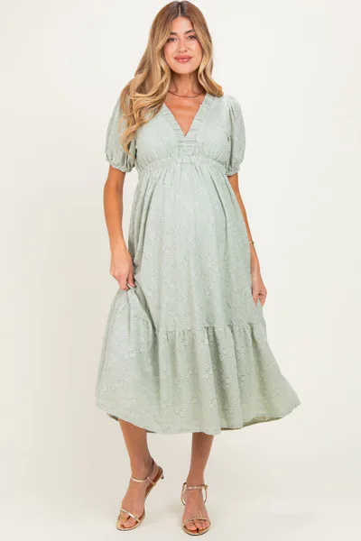 PinkBlush Sage Lace V-Neck Puff Sleeve Maternity Maxi Dress