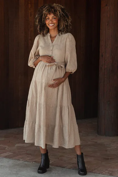PinkBlush Taupe Floral Jacquard Button Front Tiered Maternity Dress