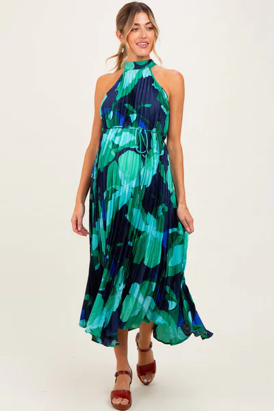 PinkBlush Jade Printed Pleated Halter Maternity Midi Dress
