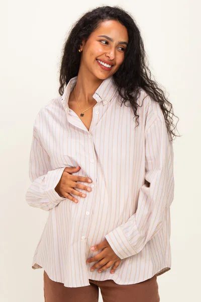PinkBlush Mocha Stripe Striped Button-Down Maternity Shirt