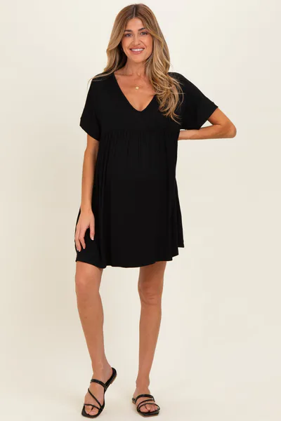 PinkBlush Black V-Neck Basic Maternity Dress