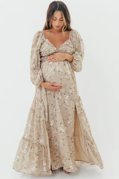 Worth Collective Daphne Long Sleeve Maxi Dress in Beige/Multi Floral - Bump Friendly & Inclusive Sizing (XS-3XL)