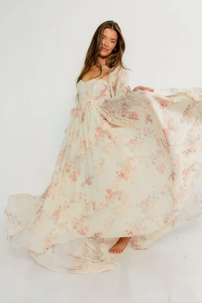 Worth Collective Delilah Maxi Dress with Train in Ivory - Bump Friendly