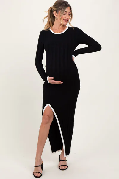 PinkBlush Black Wide Ribbed Knit Side Slit Maternity Maxi Dress