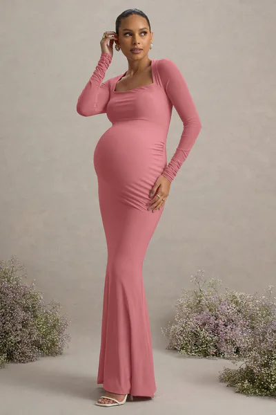 Club L London Abeam | Blush Pink Maternity Maxi Dress With Sheer Sleeves