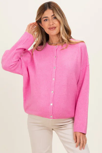PinkBlush Hot Pink Classic Crew Neck Maternity Button Cardigan
