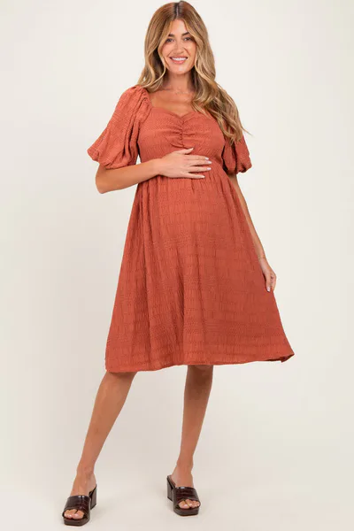 PinkBlush Brick Textured Bubble Sleeve Maternity Dress